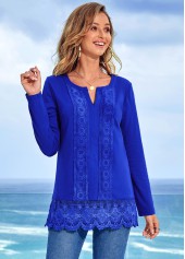 Blue tops,Plain Color tops,ROTITA Solid Lace Patchwork Split Neck Long Sleeve T Shirt