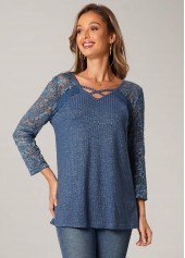 Blue tops,Plain Color tops,ROTITA Cross Strap Blue Lace Stitching T Shirt