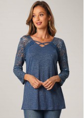 ROTITA Cross Strap Blue Lace Stitching T Shirt