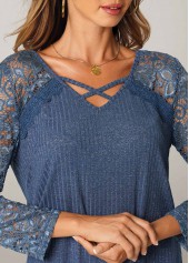 Blue tops,Plain Color tops,ROTITA Cross Strap Blue Lace Stitching T Shirt