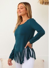 Peacock Blue tops,Plain Color tops,ROTITA Solid Tassel Round Neck Long Sleeve T Shirt