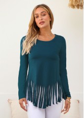 ROTITA Solid Tassel Round Neck Long Sleeve T Shirt