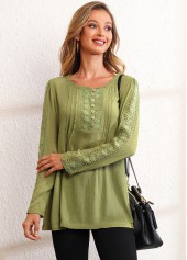 Olive Green tops,Plain Color tops,ROTITA Lace Stitching Crinkle Chest Long Sleeve Blouse