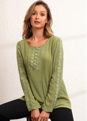 Olive Green tops,Plain Color tops,ROTITA Lace Stitching Crinkle Chest Long Sleeve Blouse