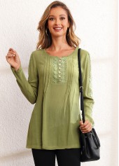 ROTITA Lace Stitching Crinkle Chest Long Sleeve Blouse
