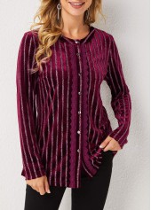 Red tops,Striped tops,ROTITA Stripe Print Round Neck Long Sleeve Blouse