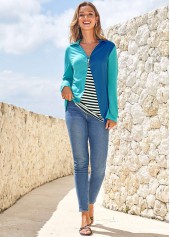Blue tops,Striped tops,ROTITA Zipper Striped Blue Long Sleeve Sweatshirt