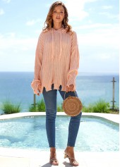 Pink tops,Plain Color tops,Hooded Collar Asymmetric Hem Long Sleeve Sweater