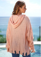 Pink tops,Plain Color tops,Hooded Collar Asymmetric Hem Long Sleeve Sweater