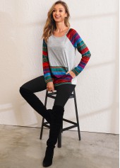 Grey tops,Striped tops,ROTITA Kangaroo Pocket Rainbow Stripe Long Sleeve Sweatshirt