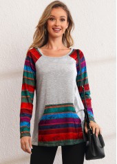 Grey tops,Striped tops,ROTITA Kangaroo Pocket Rainbow Stripe Long Sleeve Sweatshirt
