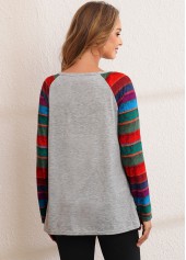 Grey tops,Striped tops,ROTITA Kangaroo Pocket Rainbow Stripe Long Sleeve Sweatshirt
