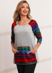 Grey tops,Striped tops,ROTITA Kangaroo Pocket Rainbow Stripe Long Sleeve Sweatshirt