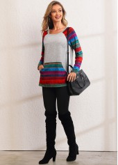 Grey tops,Striped tops,ROTITA Kangaroo Pocket Rainbow Stripe Long Sleeve Sweatshirt