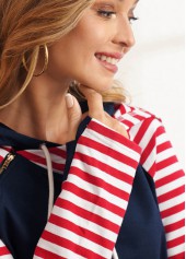 Navy tops,Striped tops,ROTITA Kangaroo Pocket Drawstring Long Sleeve Hoodie