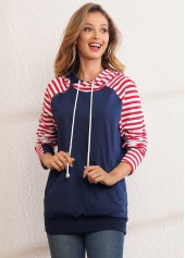 Navy tops,Striped tops,ROTITA Kangaroo Pocket Drawstring Long Sleeve Hoodie