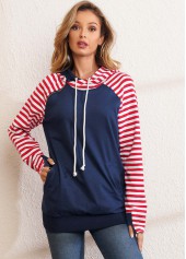 Navy tops,Striped tops,ROTITA Kangaroo Pocket Drawstring Long Sleeve Hoodie