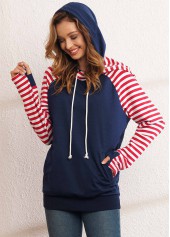 Navy tops,Striped tops,ROTITA Kangaroo Pocket Drawstring Long Sleeve Hoodie