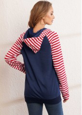 Navy tops,Striped tops,ROTITA Kangaroo Pocket Drawstring Long Sleeve Hoodie