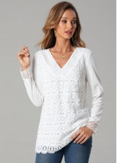 White tops,Plain Color tops,ROTITA Solid Lace Splicing V Neck Long Sleeve T Shirt