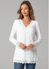 ROTITA Solid Lace Splicing V Neck Long Sleeve T Shirt