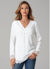 White tops,Plain Color tops,ROTITA Solid Lace Splicing V Neck Long Sleeve T Shirt