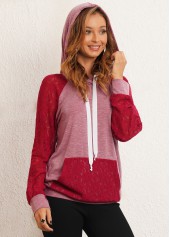 Multi Color tops,Contrast Color tops,ROTITA Lace Stitching Kangaroo Pocket Drawstring Hoodie