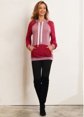Multi Color tops,Contrast Color tops,ROTITA Lace Stitching Kangaroo Pocket Drawstring Hoodie