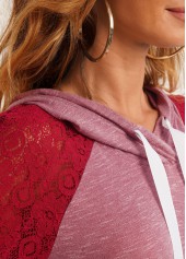 Multi Color tops,Contrast Color tops,ROTITA Lace Stitching Kangaroo Pocket Drawstring Hoodie