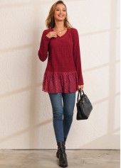 Red tops,Plain Color tops,ROTITA Solid Lace Patchwork V Neck Long Sleeve T Shirt