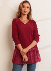Red tops,Plain Color tops,ROTITA Solid Lace Patchwork V Neck Long Sleeve T Shirt