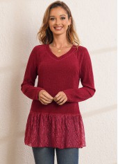 Red tops,Plain Color tops,ROTITA Solid Lace Patchwork V Neck Long Sleeve T Shirt