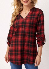 ROTITA Plaid Split Neck Long Sleeve Blouse