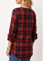 Red tops,Plaid tops,ROTITA Plaid Split Neck Long Sleeve Blouse