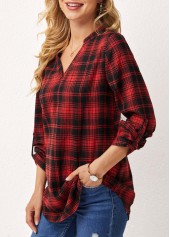 Red tops,Plaid tops,ROTITA Plaid Split Neck Long Sleeve Blouse