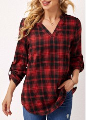 Red tops,Plaid tops,ROTITA Plaid Split Neck Long Sleeve Blouse