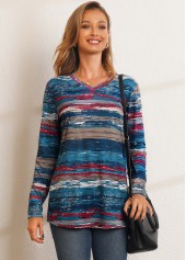 Blue tops,Floral tops,Printed V Neck Long Sleeve T Shirt