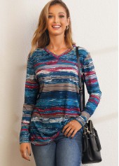 Blue tops,Floral tops,Printed V Neck Long Sleeve T Shirt