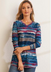 Blue tops,Floral tops,Printed V Neck Long Sleeve T Shirt