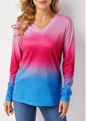 Multi Color tops,Ombre tops,Ombre V Neck Long Sleeve T Shirt