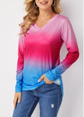 Multi Color tops,Ombre tops,Ombre V Neck Long Sleeve T Shirt