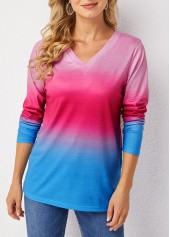 Multi Color tops,Ombre tops,Ombre V Neck Long Sleeve T Shirt