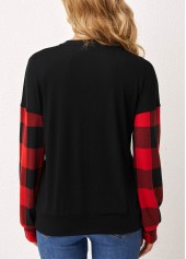 Black tops,Plaid tops,ROTITA Plaid Decorative Button Round Neck Long Sleeve Sweatshirt