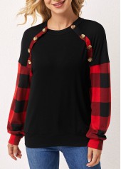 Black tops,Plaid tops,ROTITA Plaid Decorative Button Round Neck Long Sleeve Sweatshirt