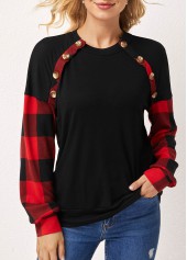 ROTITA Plaid Decorative Button Round Neck Long Sleeve Sweatshirt