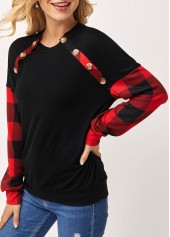 Black tops,Plaid tops,ROTITA Plaid Decorative Button Round Neck Long Sleeve Sweatshirt