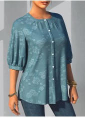 Blue tops,Plain Color tops,ROTITA Button Detail 3/4 Sleeve Solid Blouse