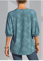 Blue tops,Plain Color tops,ROTITA Button Detail 3/4 Sleeve Solid Blouse