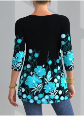 Blue tops,Black tops,Floral tops,Dot tops,ROTITA Lace Floral Print Blue Round Neck Blouse