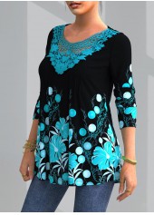 Blue tops,Black tops,Floral tops,Dot tops,ROTITA Lace Floral Print Blue Round Neck Blouse